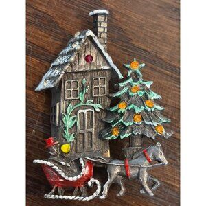 VTG Christmas Sleigh Brooch Pin House & Tree Hand-Painted Tall Festive Jewelry